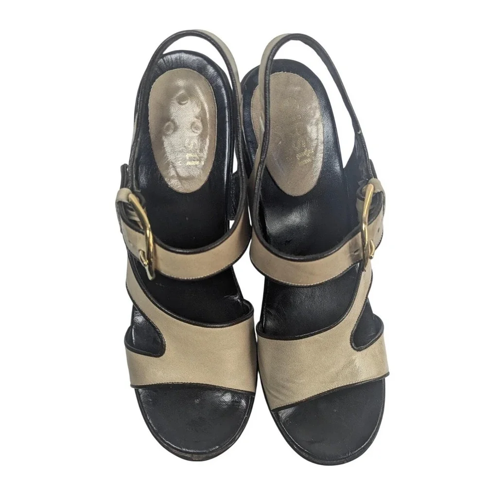 Vintage 70s Leather Platform Sandals Disco Chunky Block Heel Slingback Brown 7.5